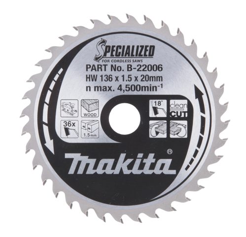 T.C.T. Zāģripa SPECIALIZED 136X1.5X20mm 18° T36 B-22006 Makita