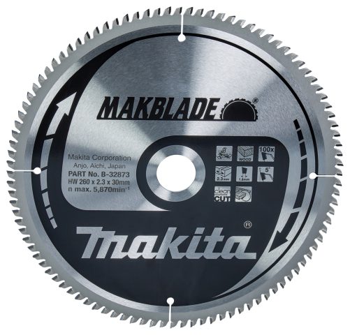 T.C.T. Zāģripa MAKBLADE 260X2.3X30mm 5° T100 B-32873 Makita