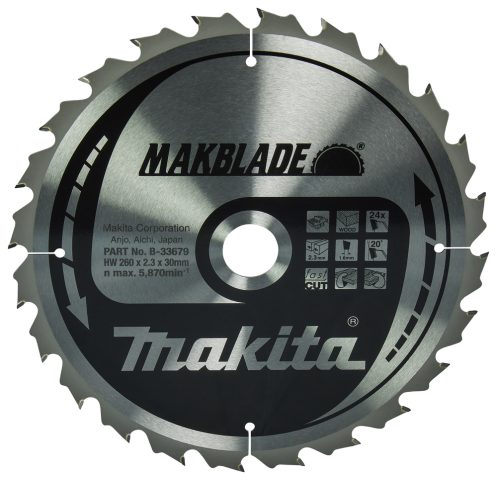 T.C.T. Zāģripa MAKBLADE 260X2.3X30mm 20° T24 B-33679 Makita
