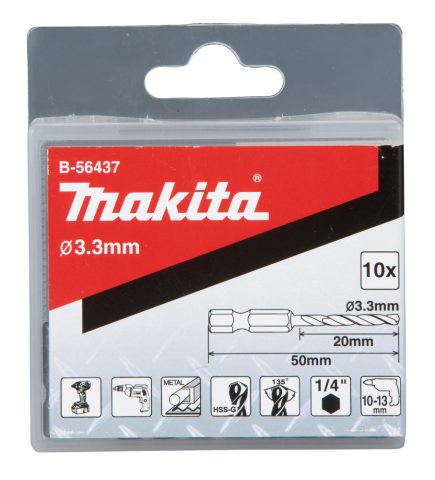 HSS-G Urbis metālam  3,3x50MM, 1/4″. (10gab) B-56437 Makita
