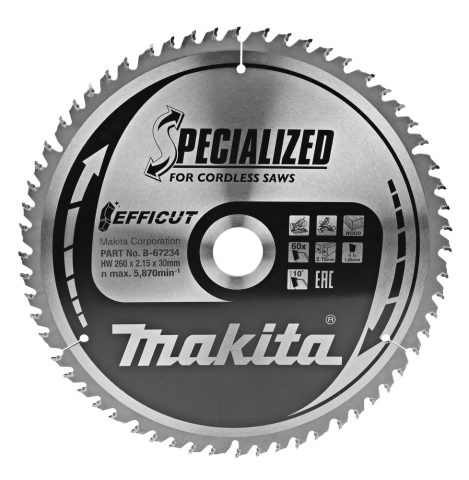 T.C.T. Zāģripa EFFICUT 260X2.15X30mm 10° T60 B-67234 Makita