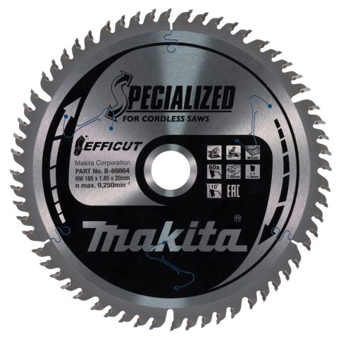 T.C.T. Zāģripa EFFICUT B-69864 165X1.85X20mm 10° T60 Makita