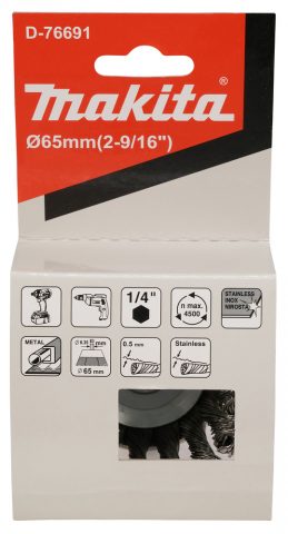 Kausveida metāla suka 65mm, ar 1/4”seškanšu kātu, Nerūsējošais tērauds (Pīta) D-76691 Makita