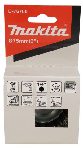 Kausveida metāla suka 75mm, ar 1/4 ” seškanšu kātu, Nerūsējošais tērauds (Pīta) D-76700 Makita