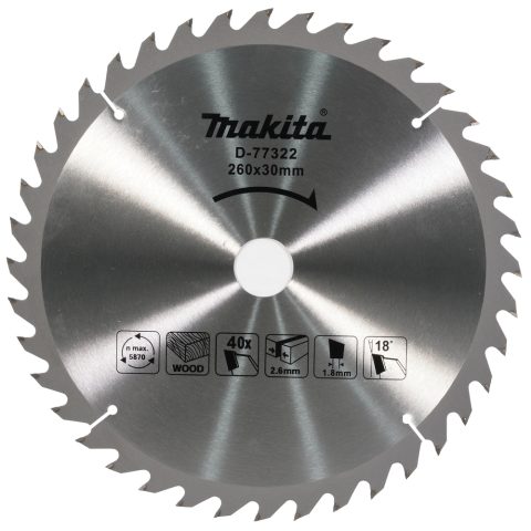 T.C.T. Zāģripa kokam 260X2.6X30mm 18° T40, Standard kokam D-77322 Makita