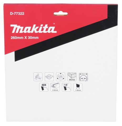 T.C.T. Zāģripa kokam 260X2.6X30mm 18° T40, Standard kokam D-77322 Makita