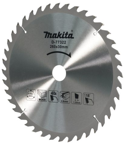 T.C.T. Zāģripa kokam 260X2.6X30mm 18° T40, Standard kokam D-77322 Makita