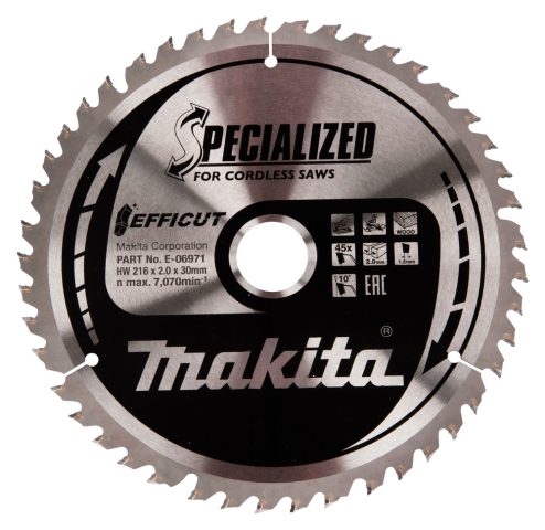T.C.T. Zāģripa kokam 216X30X2,0MM, 10°, Z-45 EFFICUT E-06971 Makita