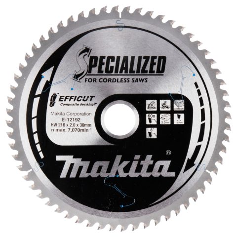 T.C.T. Zāģripa kompozīt materiālam 216X2.0X30mm 15° T60 EFFICUT E-12192 Makita