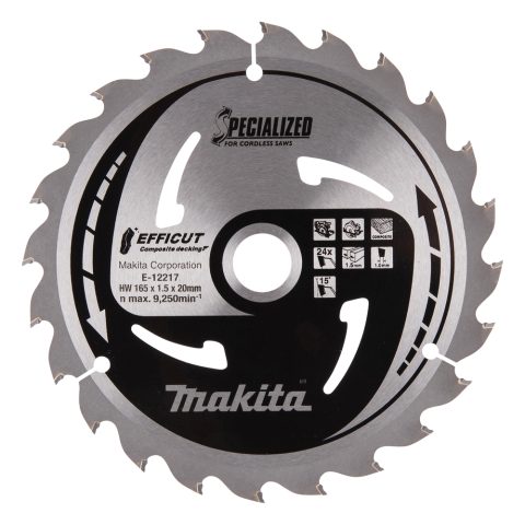 T.C.T. Zāģripa E-12217 kompozīt materiālam 165X1.5X20mm 15° T24 EFFICUT Makita