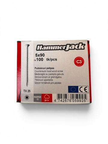 Skrūve kokam ar TORX 5×90 100gab/iep C3 pelēka HammerJack 1150090